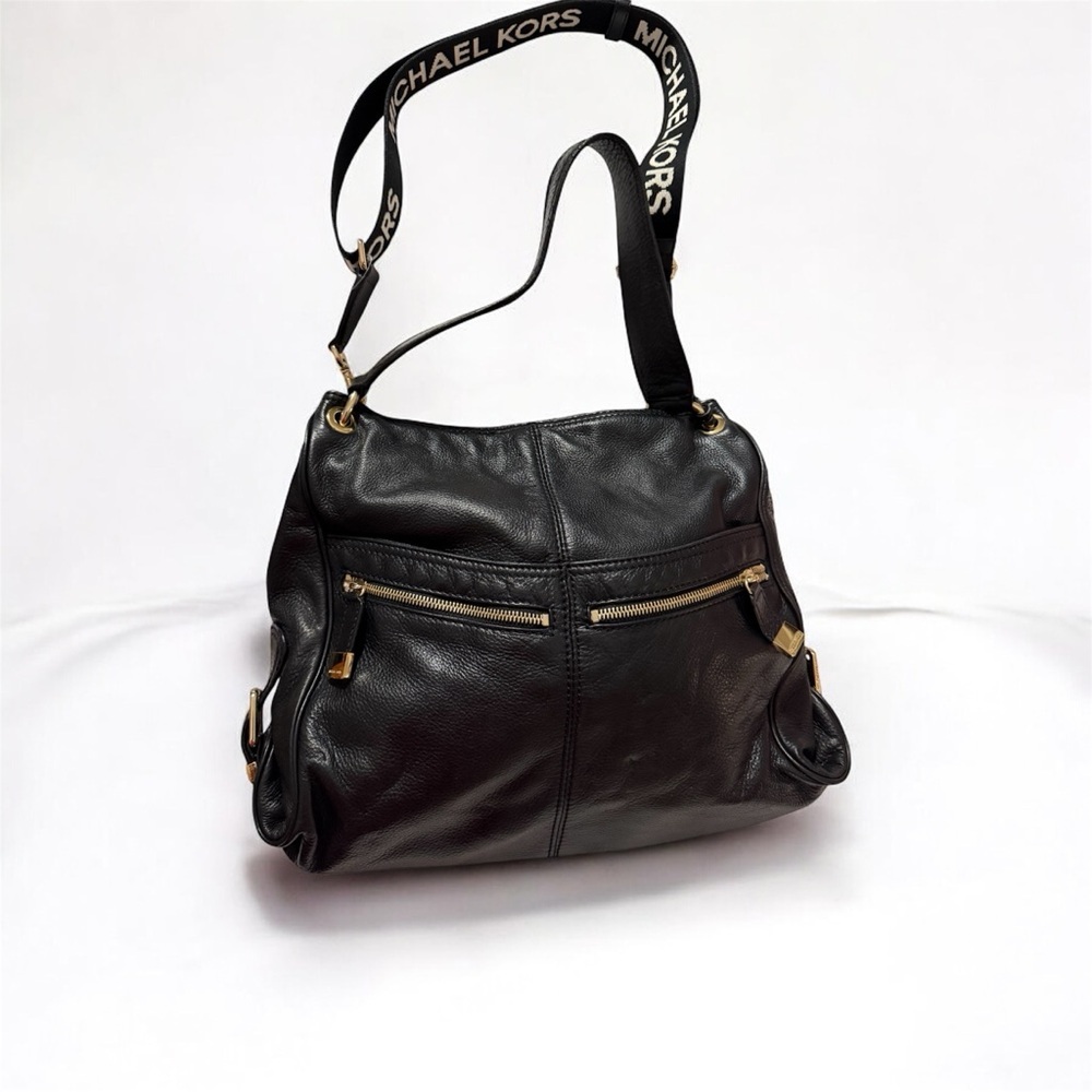 Michael Kors Black Leather Hobo Shoulder Bag Logo Strap - Picture 2 of 11